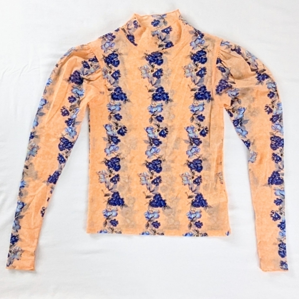Free People Ditsy Floral Orange Blue High Neck Ruffle Shoulder Sheer Mesh Top